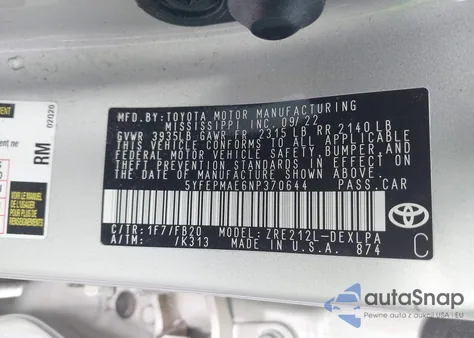 2022 Toyota Corolla Le z USA, uszkodzony, nr VIN 5YFEPMAE6NP370644